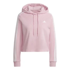 ADIDAS 3 Stripes French Terry Cropped Felpa Con Cappuccio Donna - Rosa, Bianco
