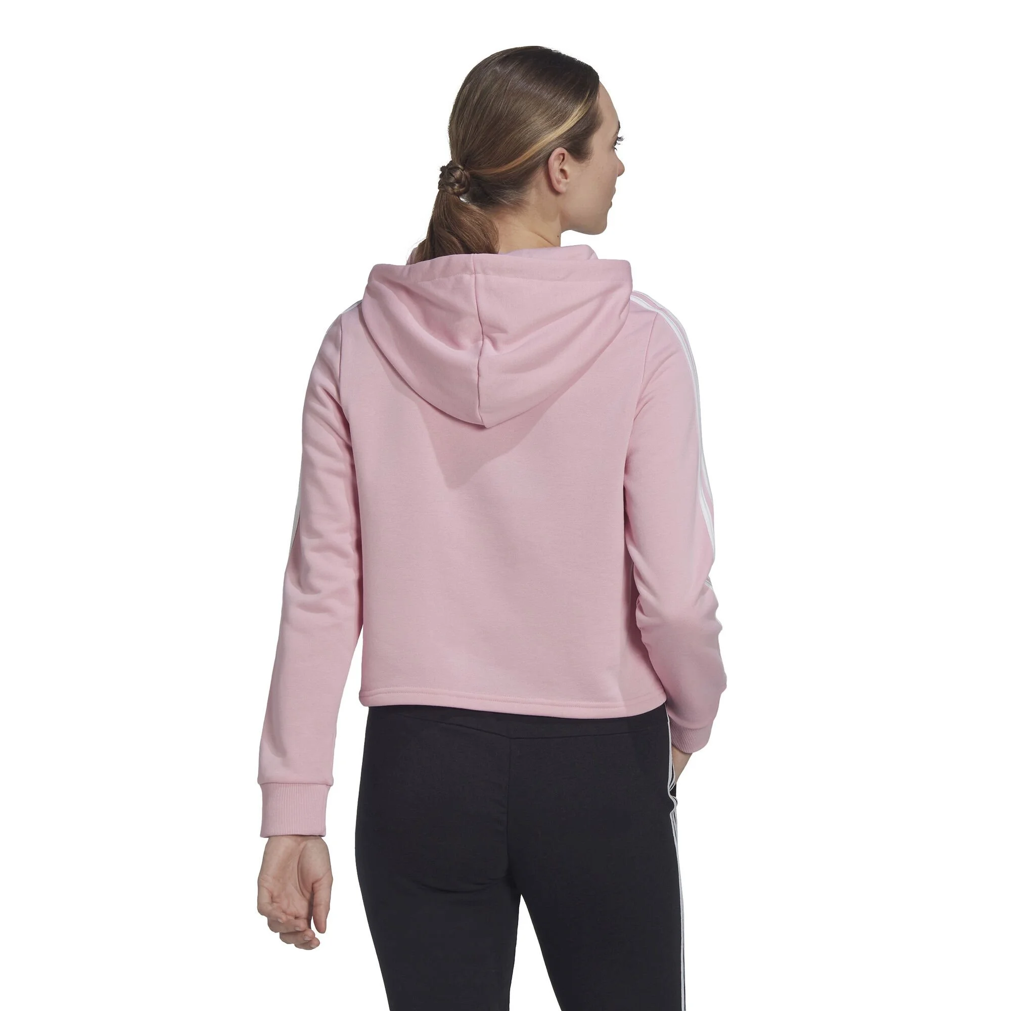 ADIDAS 3 Stripes French Terry Cropped Felpa Con Cappuccio Donna - Rosa, Bianco - immagine 3