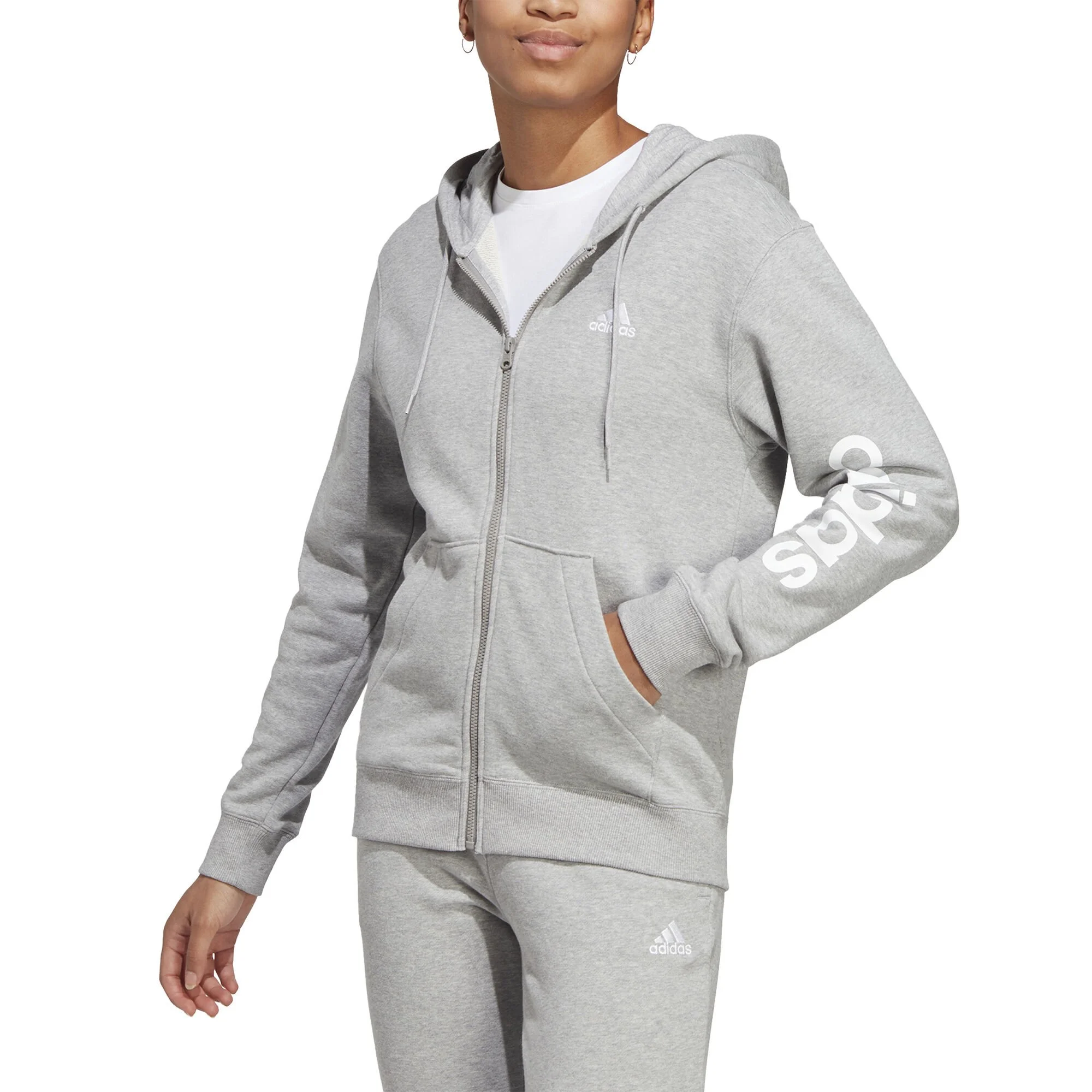 ADIDAS Essentials Linear Full-Zip French Terry Felpa Donna - Grigio Chiaro, Bianco - immagine 2
