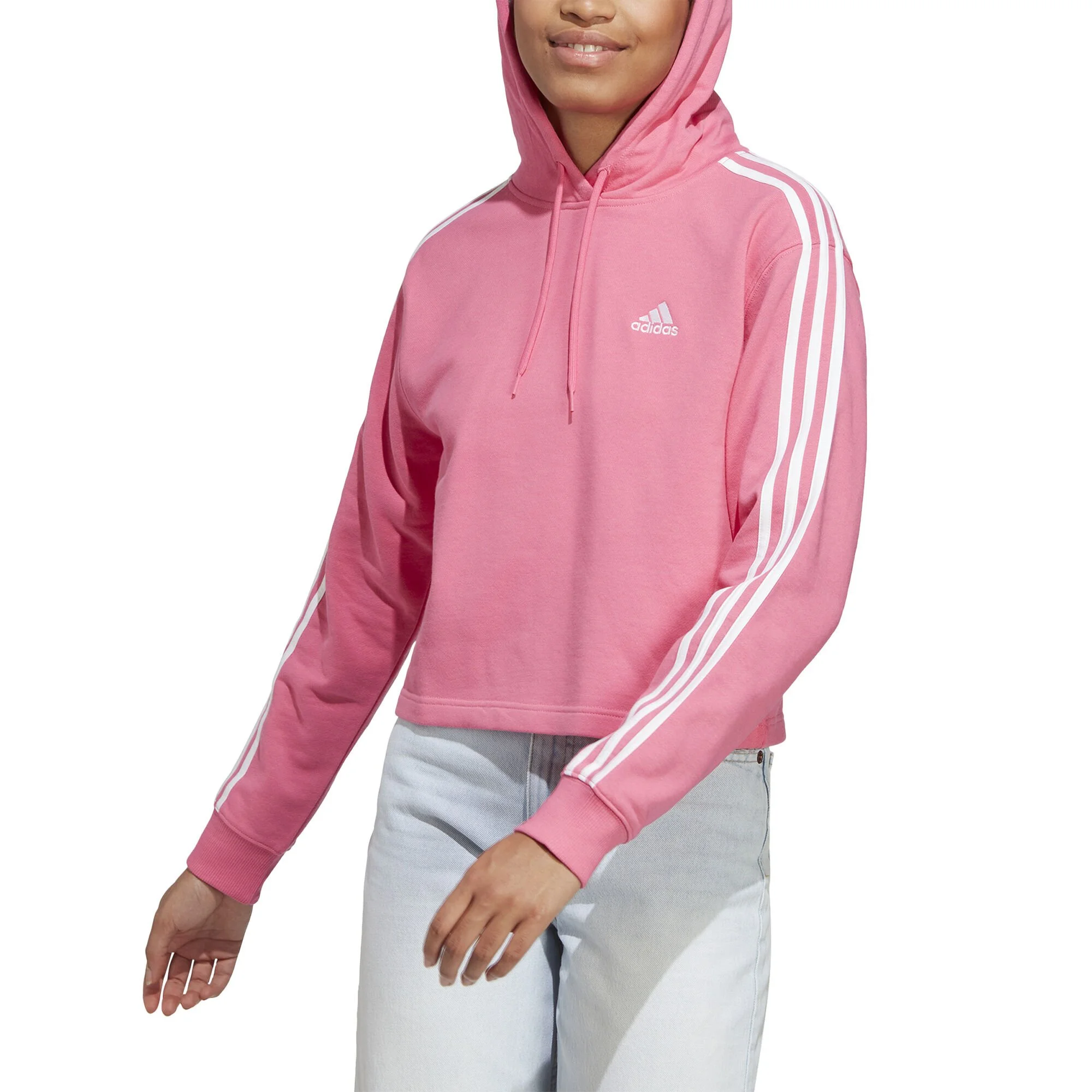 ADIDAS Essentials 3-Stripes French Terry Crop Felpa Con Cappuccio Donna - Rosa, Bianco - immagine 2