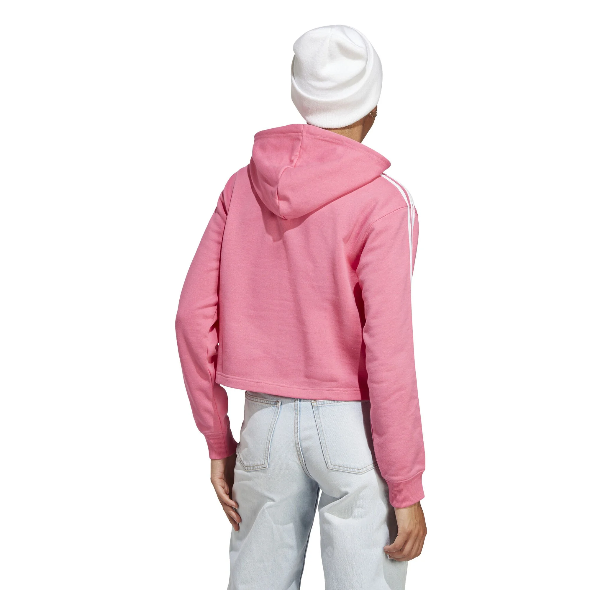 ADIDAS Essentials 3-Stripes French Terry Crop Felpa Con Cappuccio Donna - Rosa, Bianco - immagine 3