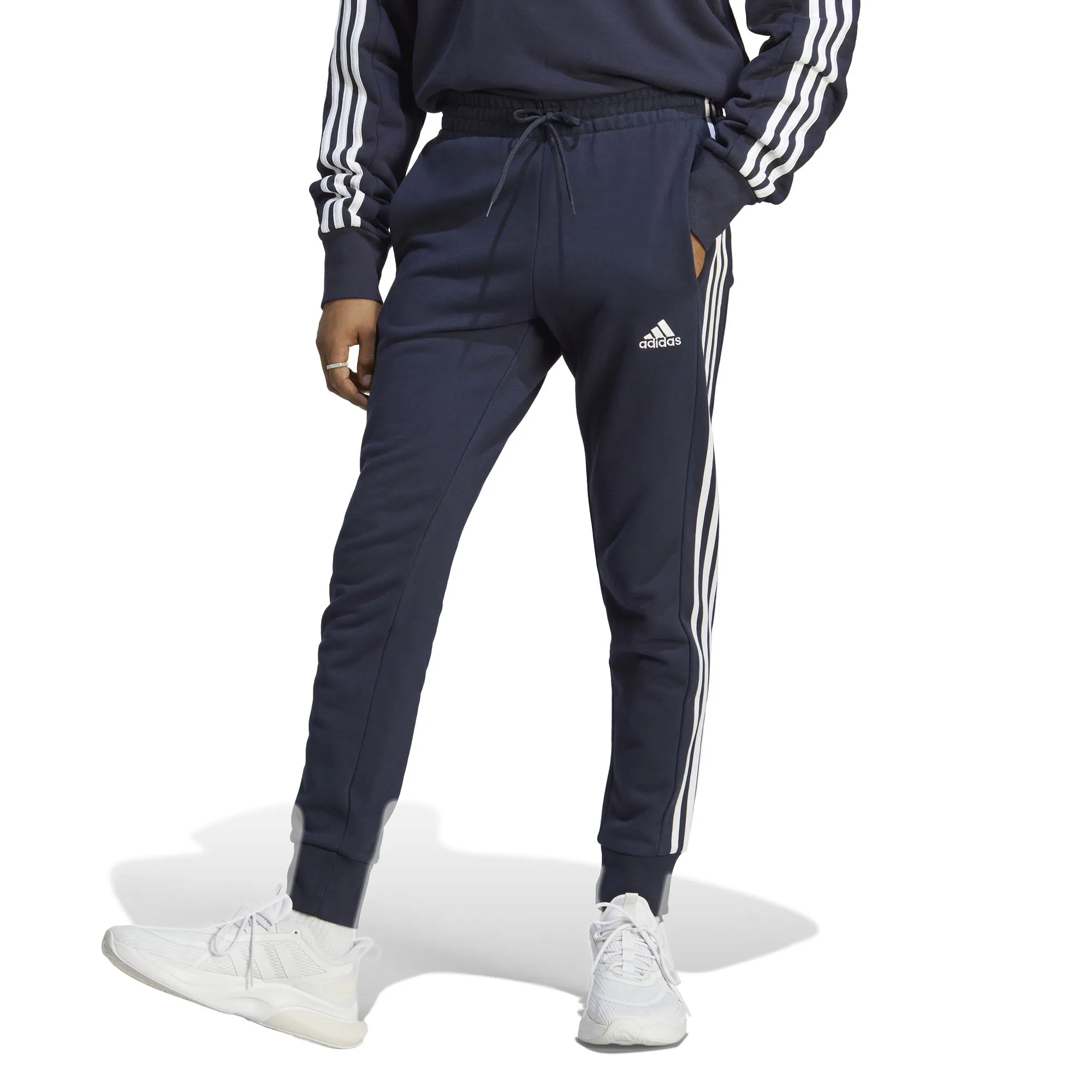 ADIDAS Essentials French Terry Tapered Cuff 3-Stripes Pantalone Da Allenamento Uomini - Blu Scuro, Bianco - immagine 2